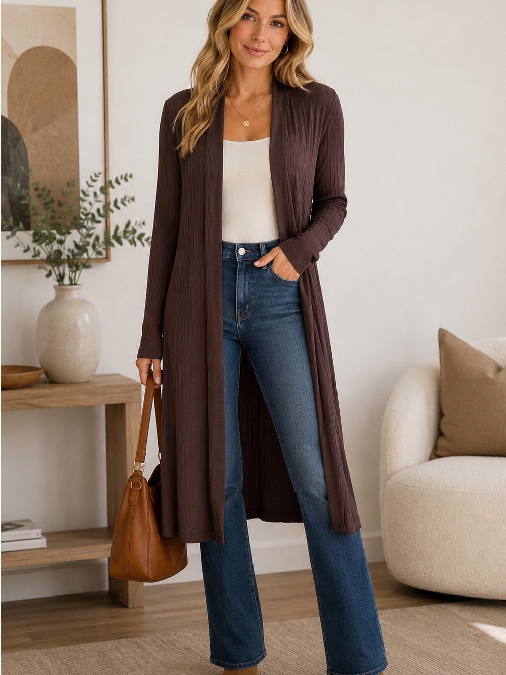 NWT Elie Tahari Womens M Brown Ribbed Long Duster Cardigan Open Front Neutral